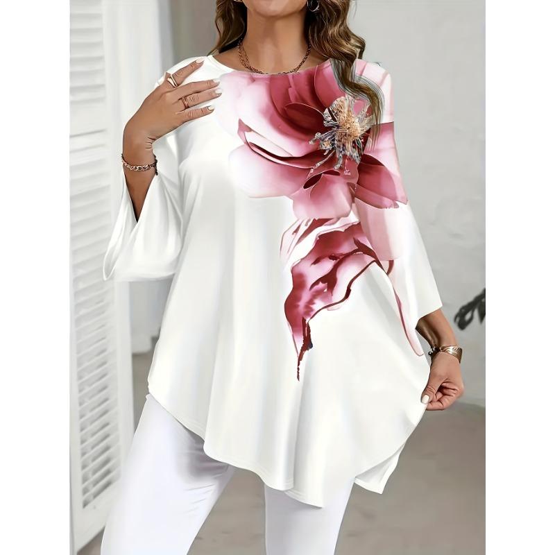 Elegantes Damen-Übergrößen-Oberteil mit Print, Rundhalsausschnitt und asymmetrischem Saum