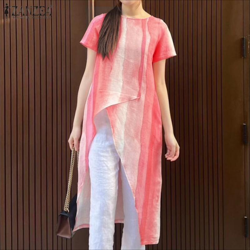 

ZANZEA Women Summer Print Casual Short Sleeve Irregular Hem Long Tops 5XL синій