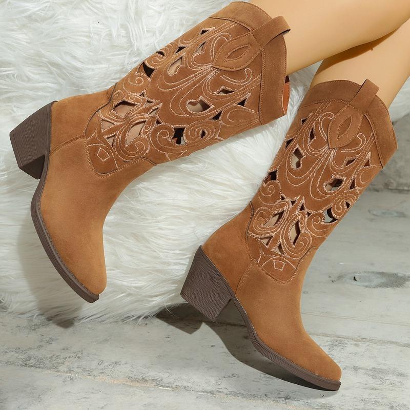 Fashion Women's Fashionable Breathable Hollow Embroidered Vintage Western Boots Chunky Heels Knee High Cowboy Boots Woman Knight Booties