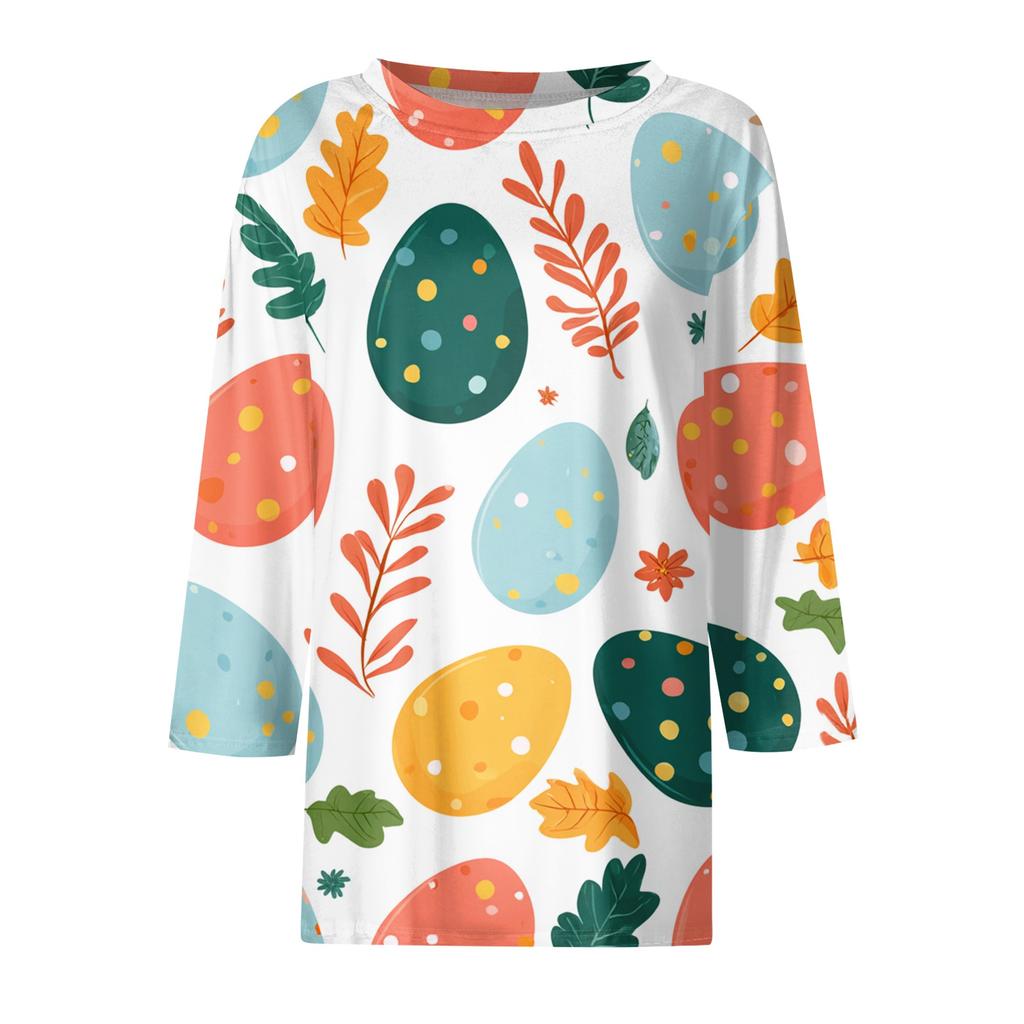 Top da donna casual con stampa di elementi pasquali, girocollo