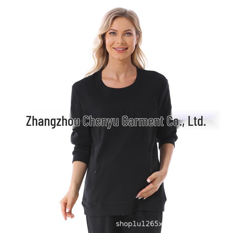 Maternity Fashion Spring/Autumn Two-Piece: Breastfeeding-Friendly Sweatshirt & Wide-Leg Pants Set for 2025