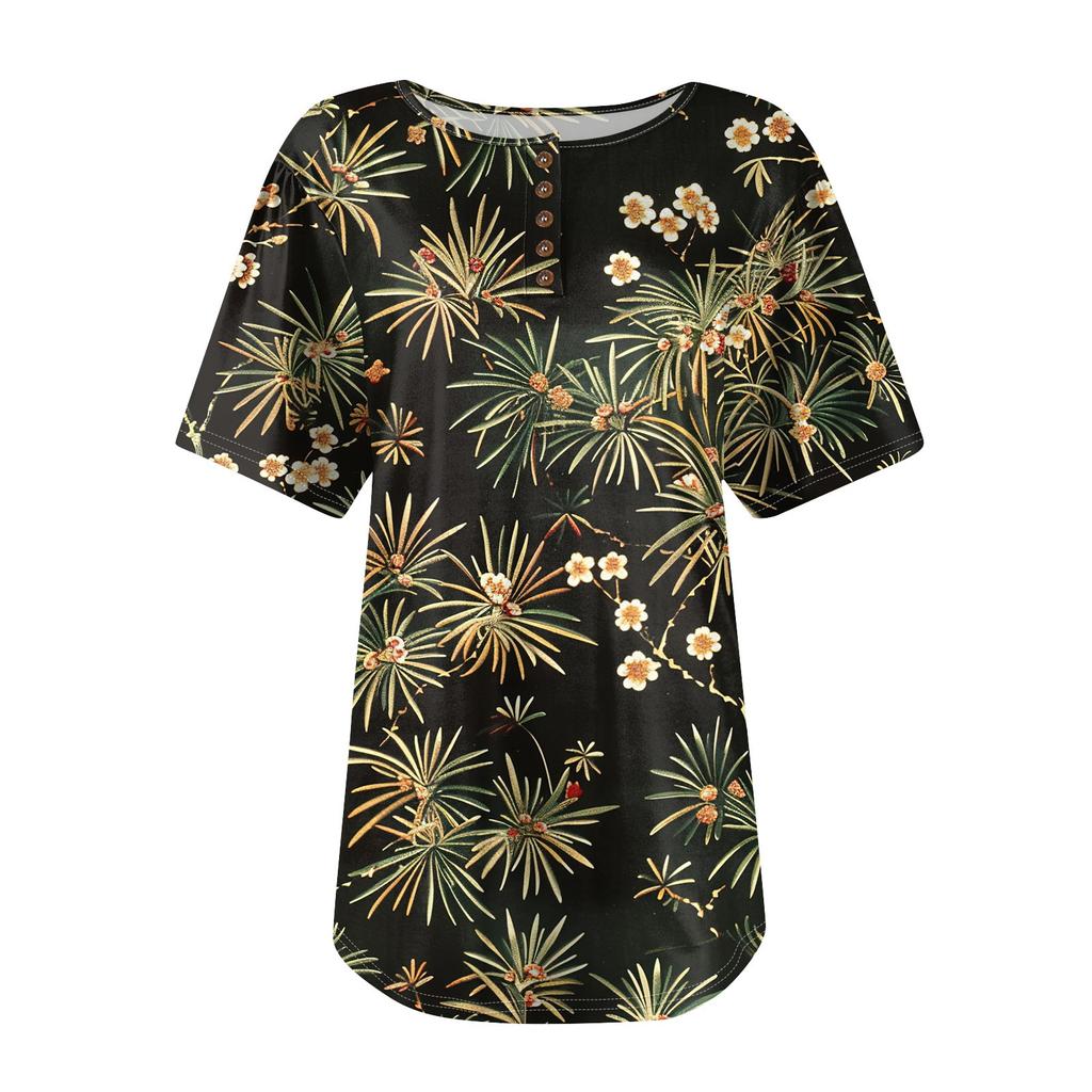 Damen Pullover mit Rundhalsausschnitt, modisch und lässig, kurzärmelig, Knopfleiste, Blumendruck