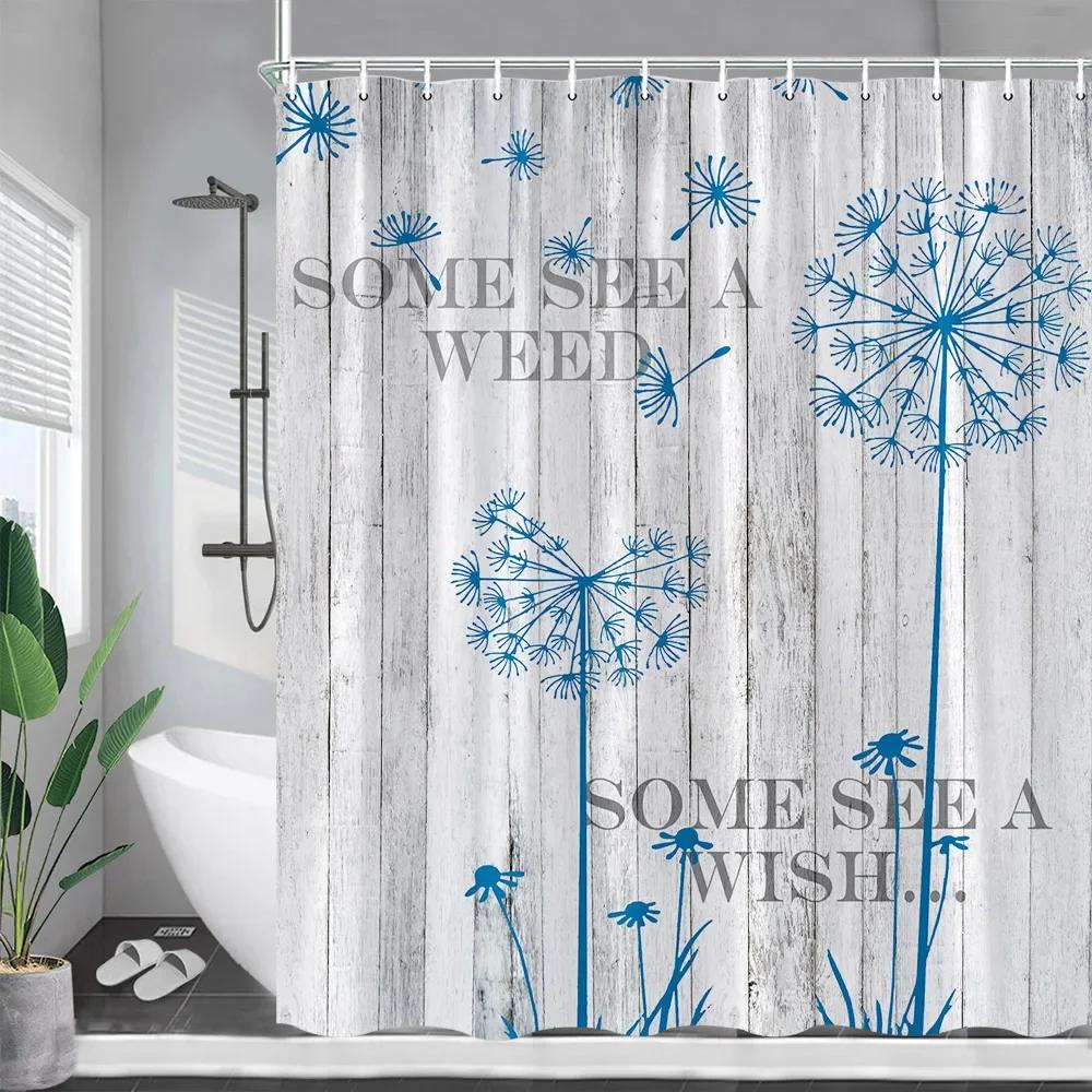 Black Dandelion Shower Curtains Rustic Farm Grey Wood Board Plant Floral Bath Curtain Polyester Fabric Bathroom Decor With Hooks