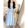 Women's summer high-end blue sleeveless beautiful pinched waist dress, summer temperament lace splicing hollow dress