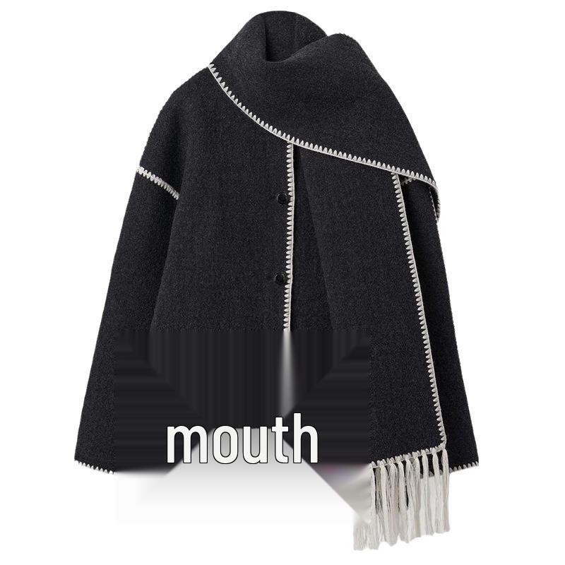 2023 Autumn/Winter Women's Wool Coat with Scarf & Tassels - European & American Style, Thick & Loose.