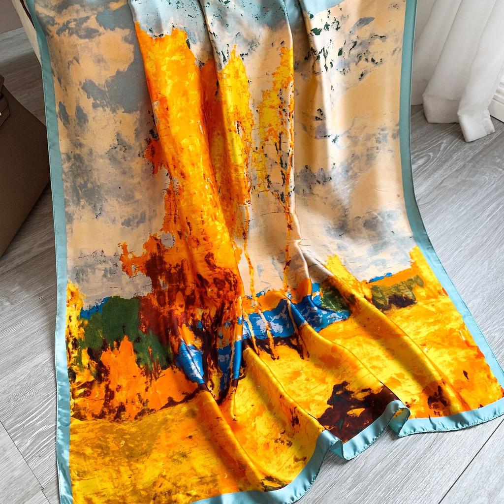 Autumn and Winter New Korean Version Oil Painting Style Imitation Silk Scarf Fashion Early Autumn Decoration Warm Medium and Long Scarf Women