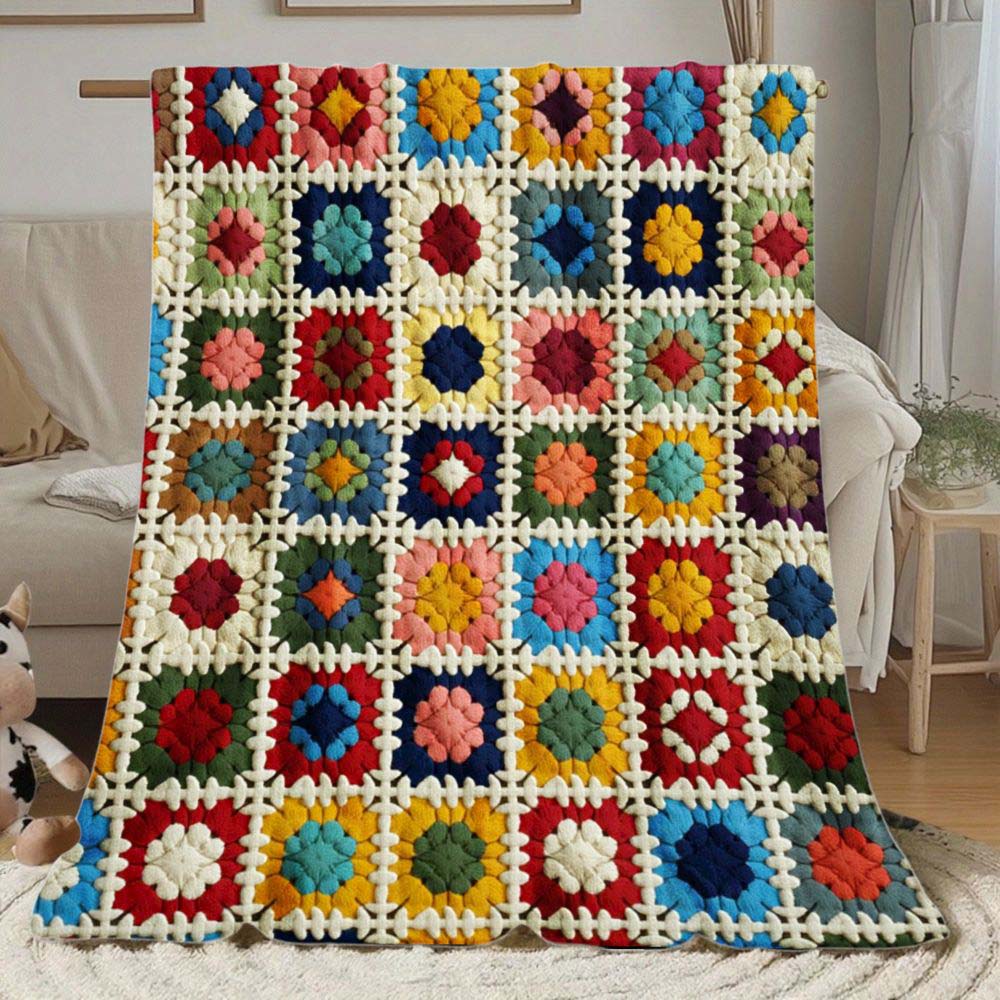 1Pc  Blue Patchwork Print Flannel Blanket Soft Cozy Warm Throw Blanket For Home Couch Bed