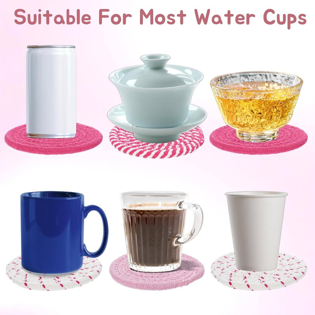 Pink Woven Coasters, 4.13in/10.5cm Round Pink Coaster for Desk Cute Coasters Set of 4 for Kitchen Dining Coffee Table Desk Accessories Aesthetic