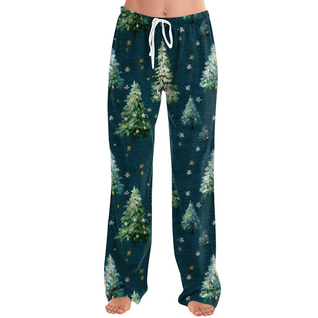 Ladies' Loose And Casual Christmas Printed Wide Leg Pants With Elastic Waistband Drawstring And Pocket Pants