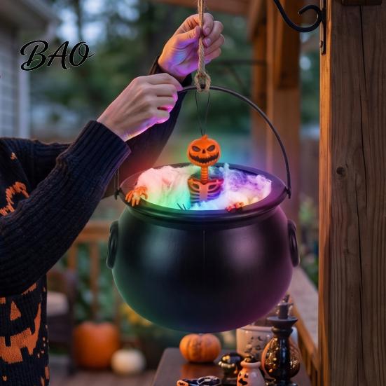 Indoor Halloween Scene Layout Cauldron Light, Color Changing Glowing Pumpkin Skull Hanging Scary Head Decor Decor, Spooky Yard Prop for Party Outdoor