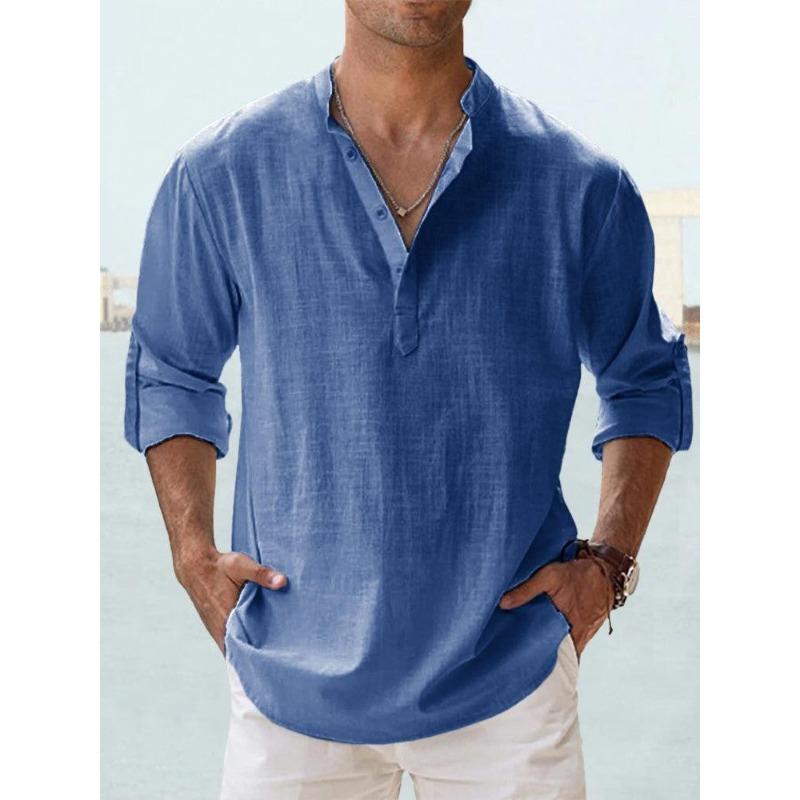 T-shirt da Uomo in Lino a Collo Alto a Maniche Lunghe Felpa Larga Tinta Unita Camicia da Uomo a Maniche Lunghe in Cotone Lino