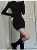 Petite Korean Style Black Spicy Girl Mid-Length Velvet Hip-Hugging Autumn/Winter Skirt Dress