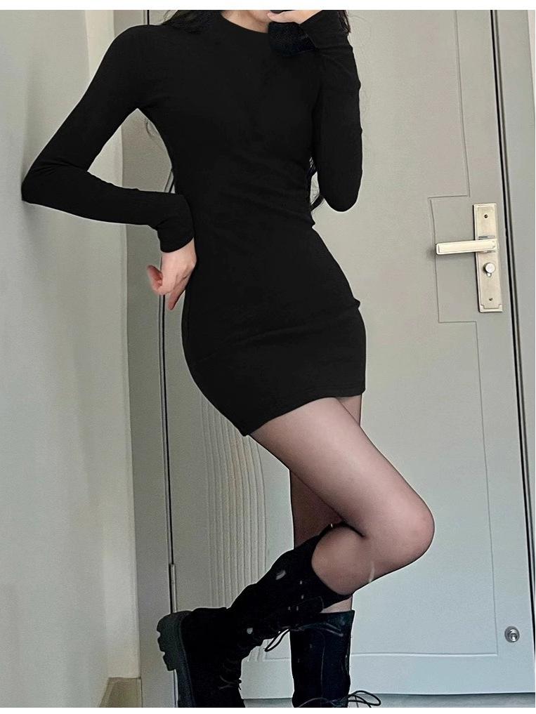 Petite Korean Style Black Spicy Girl Mid-Length Velvet Hip-Hugging Autumn/Winter Skirt Dress