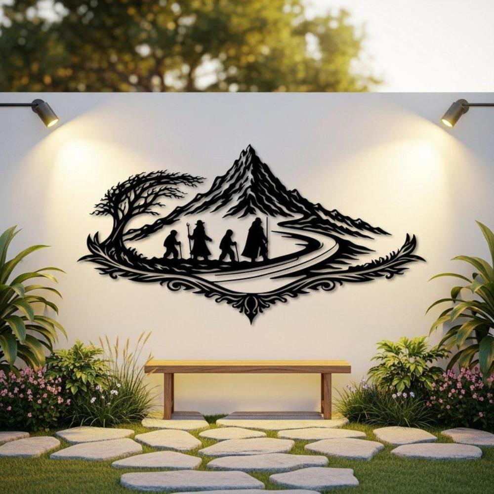 Metall-Wandkunst, Abenteuer-Bergpfad-Dekor, Fantasy-Silhouette, Hütte Mannhöhle Heimdekoration