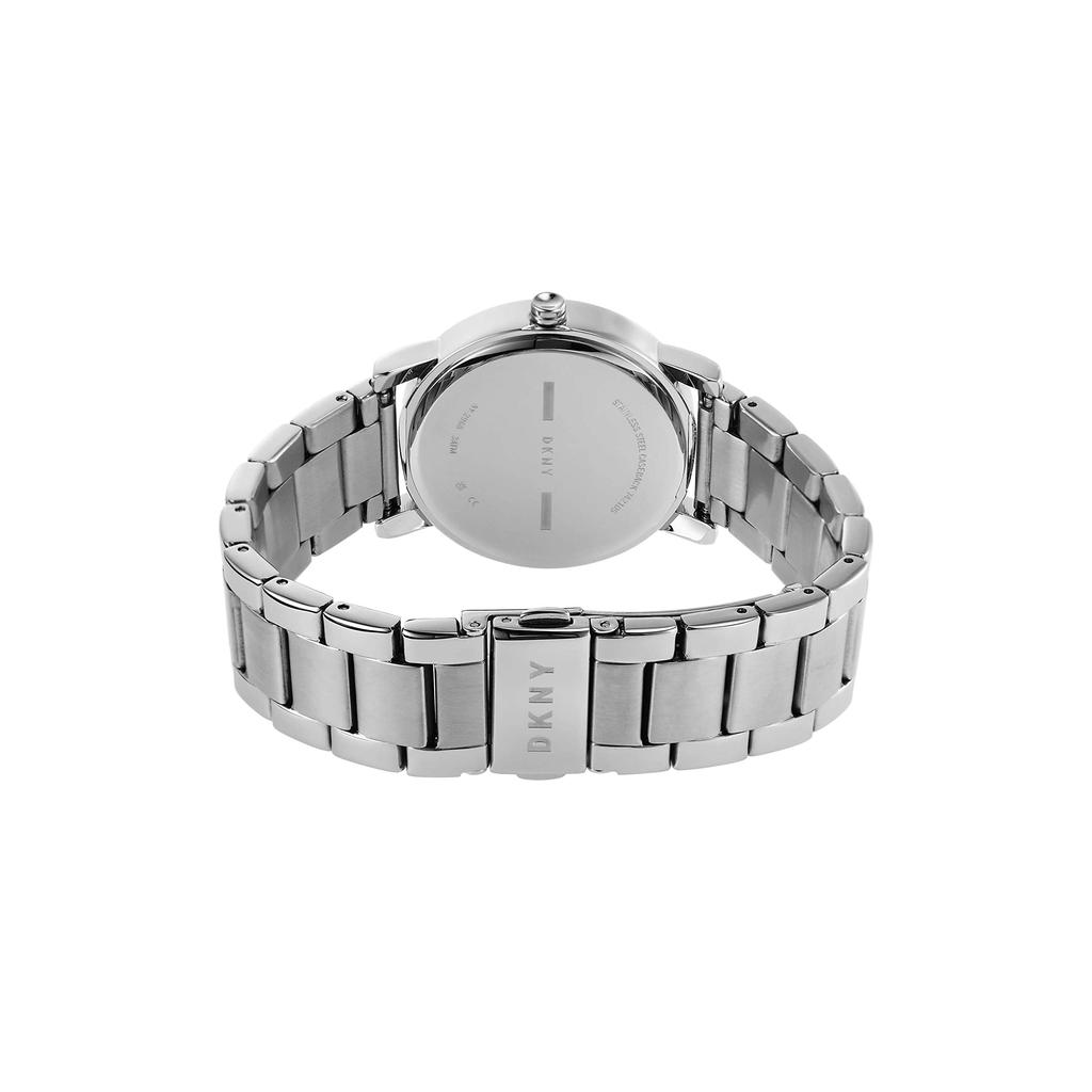 DKNY Ladies Soho 34mm Stainless Steel Quartz Dress Watch, Silver/Rose Gold Logo.