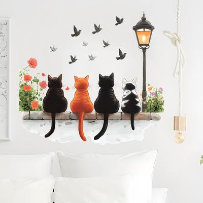 Cartoon Kitten Back Street Light Wall Sticker Kids Room Wall Decoration Self-Adhesive Home Decor