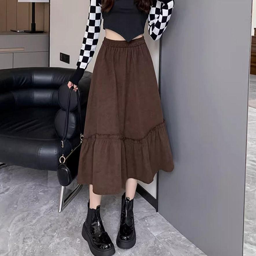 WTEMPO Vintage Corduroy Skirt Autumn Winter High Waist Midi Swing Skirt Women's A Line Dress
