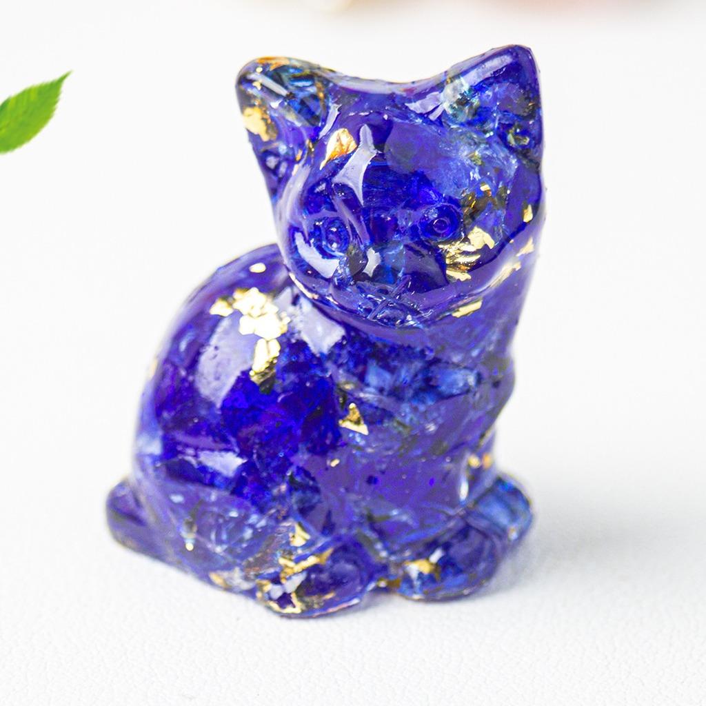 Natural Crystal Gravel Resin Sitting Turning Face Cat Figurine With Gold Foil Cute Desktop Decor For Home Office