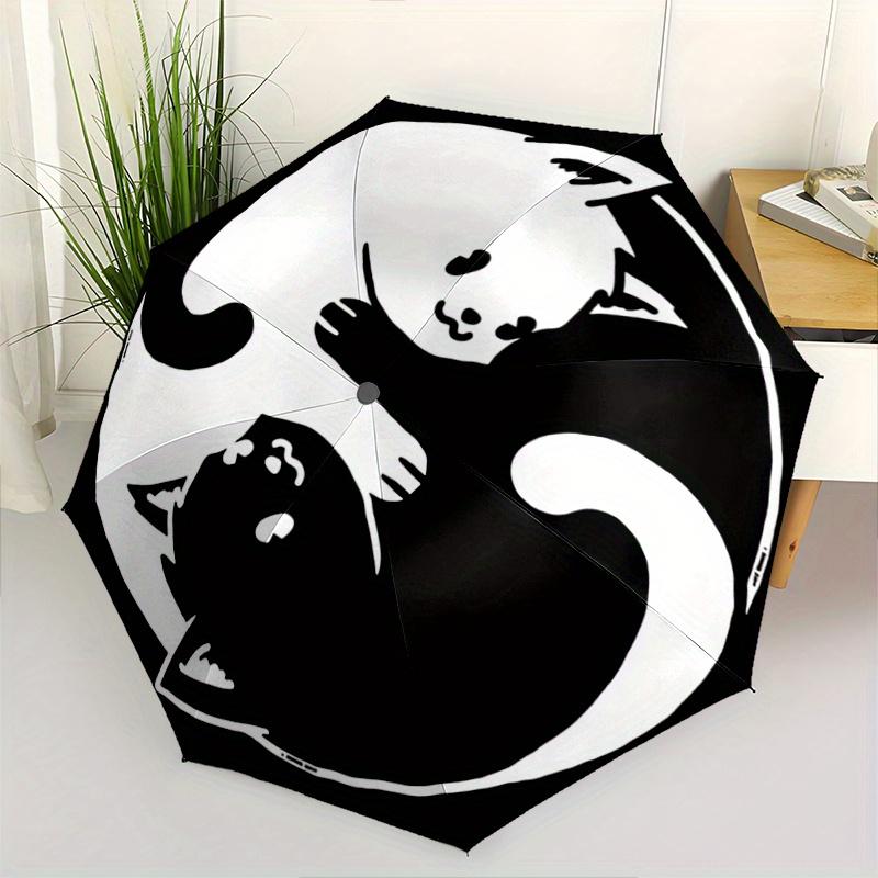 

1pc Yin and Yang White Cat and Black Cat Pattern Beautiful Looking Automatic Folding Umbrella, 3 Folding, 8 Pole Frame Design, Durable and Suitab