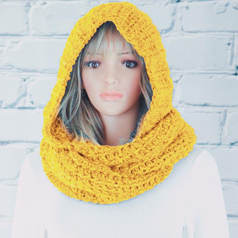 Fashion Hooded Scarf, Women's Solid Color Woolen Hat, Knitted Scarf
