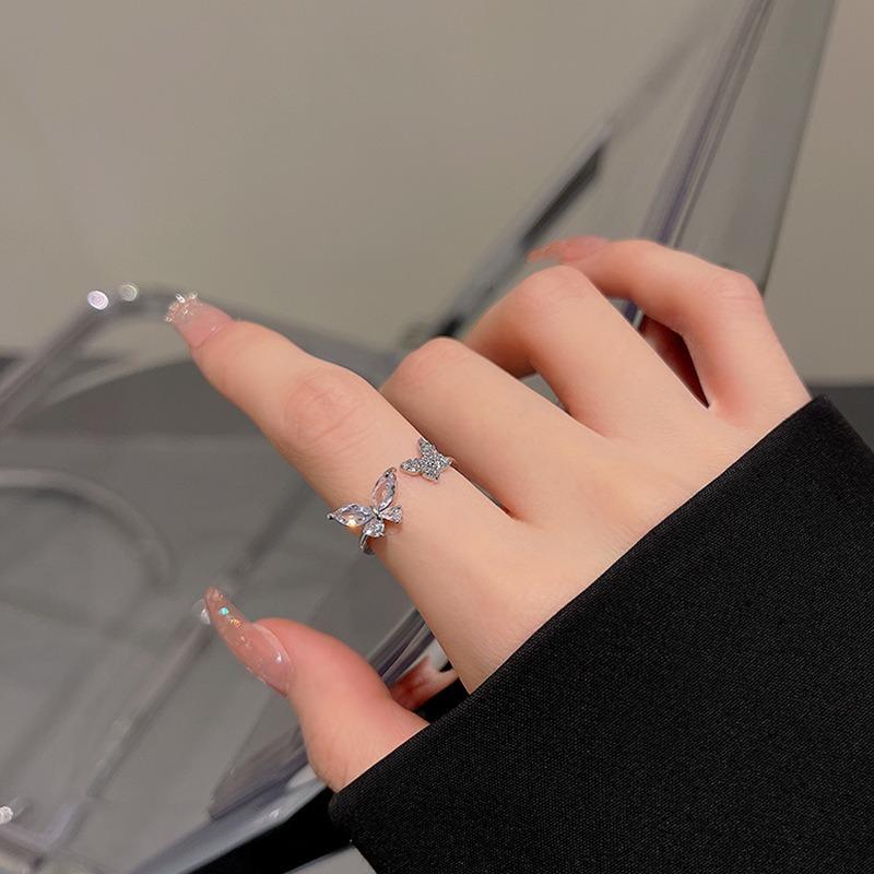 Zircon butterfly ring female niche design index finger plain ring fashion personality open ring retro high sense