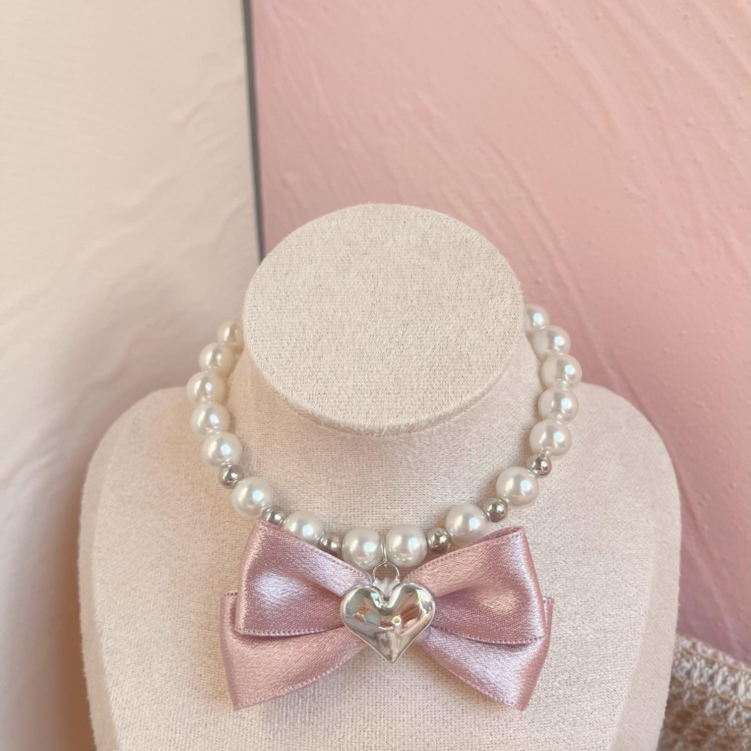 

INS Pet Pearl Necklace Love Korean Powder Bow Princess Style Cat Dog Neck Accessories Pet Accessories S:27+5.5cm