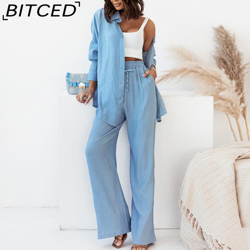 BITCED Herbst und Winter Locker Stretch Knitterhemd Langarm Weitbeinige Hose Freizeitanzug Damen Zweiteiler