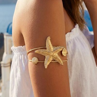 Elegant Shell Conch Arm Cuff Bracelet for Women Exaggerated Gold Plated Starfish Upper Arm Bangle Summer Party Jewelry Gift