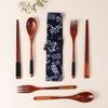 Japanese Wooden Portable Tableware Set: Long-Handled Spoon, Fork, and Chopsticks - Korean Style Three-Piece Set for Outdoor Use.
