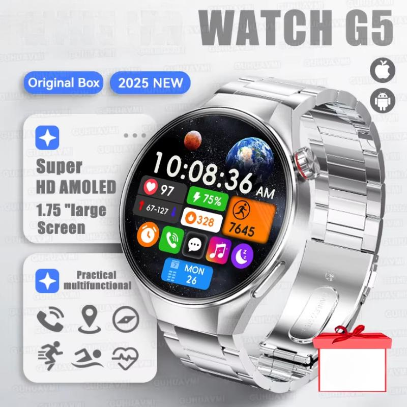 

2025 Новые часы G5 Plus Спортивные Смарт-часы Мужские HD AMOLED Экран GPS трек Пульс Наружные Водонепроницаемые Звонки по Bluetooth Смарт-часы steel серый
