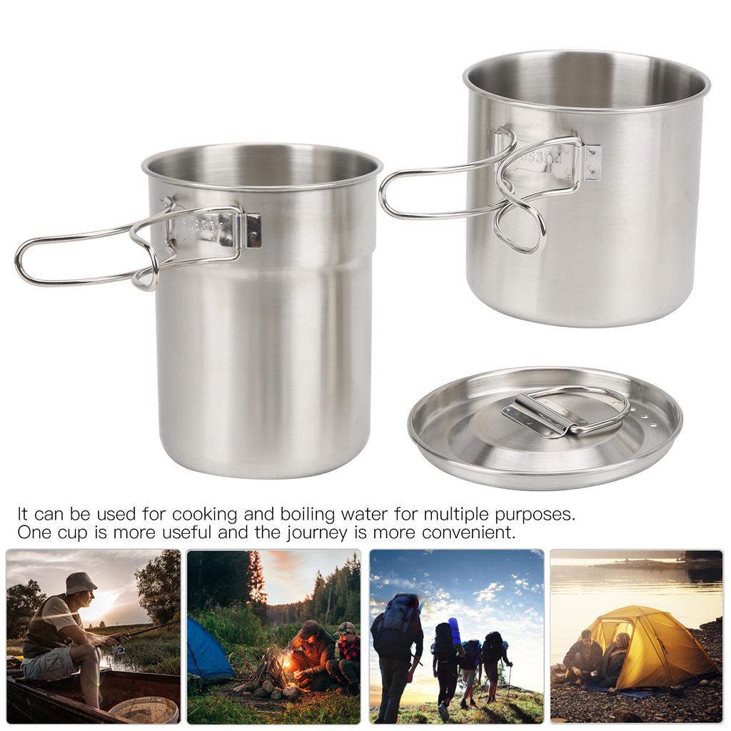 2pcs Stainless Steel Cooking Cup Mug Foldable Outdoor Camp Cook Pot Camping Cookware