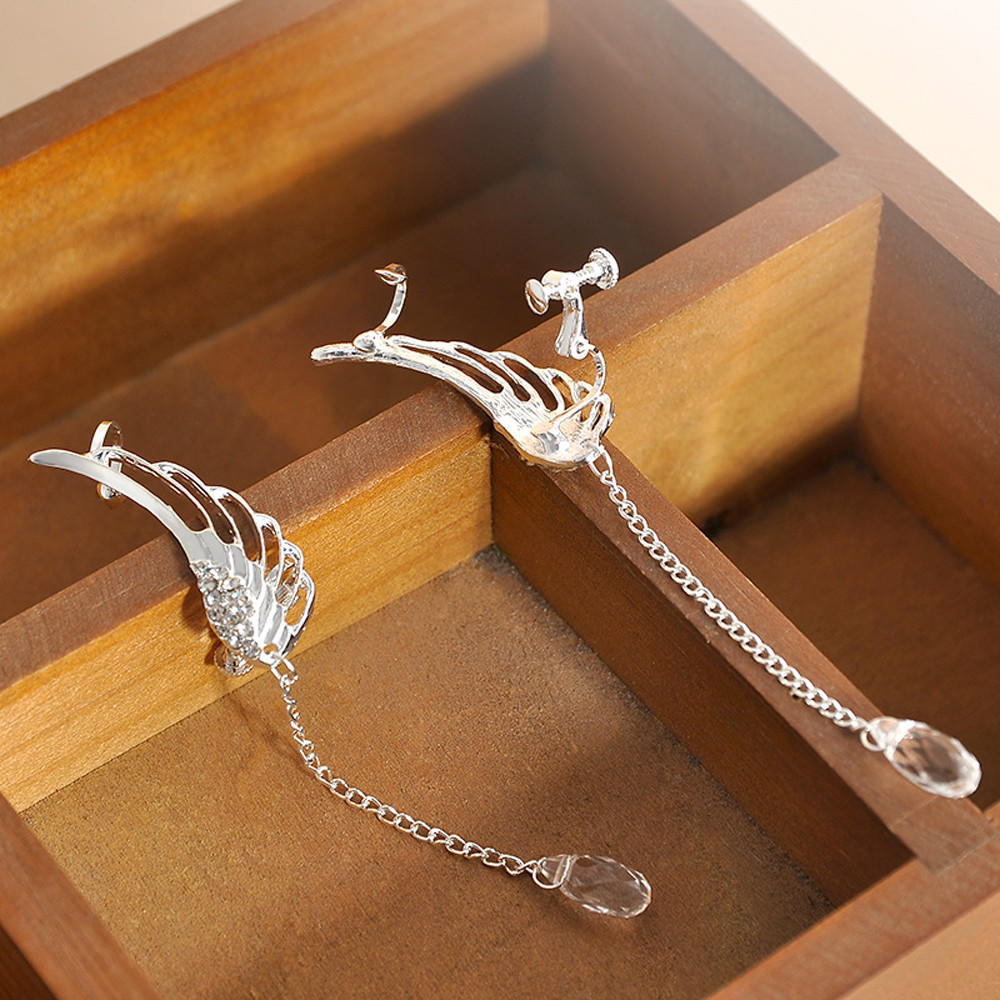 Angel Wing Tassel Clip On Earrings Long Chain Dangle Non Pierced Ear Cuff Jewelry Accessories for Women and Girls