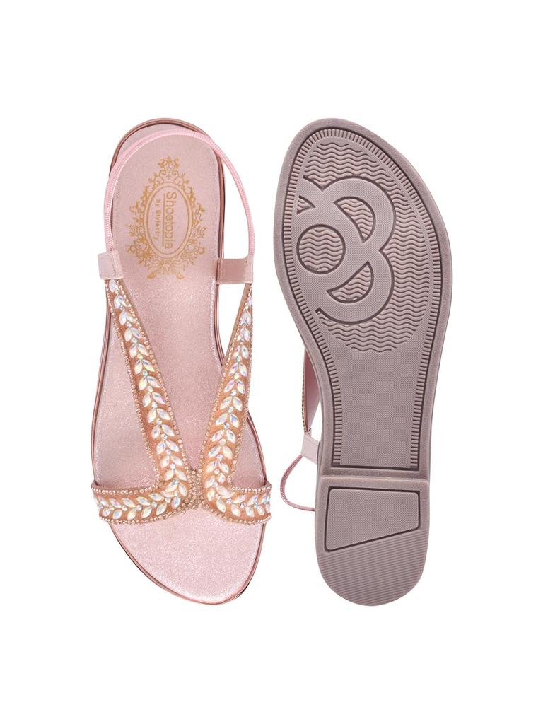 Shoetopia Womens Embellished Flat Sandals | Stylish Slingback Party & Ethnic Footwear Flats | Comfortable Daily Footwear