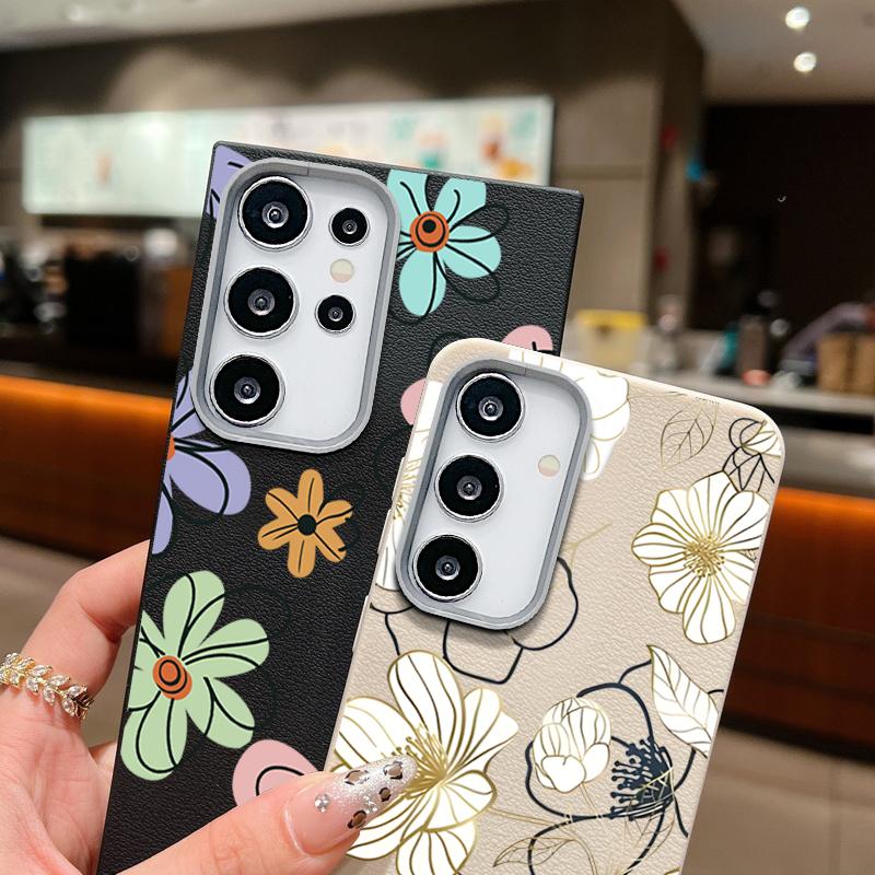 Blumendruck Matte TPU Leder Textur Handyhülle für Samsung S25 Ultra S24 FE S23 S22 S21 A56 A36 A16 A15 A55 A35 Schlanke stoßfeste weiche Rückseite