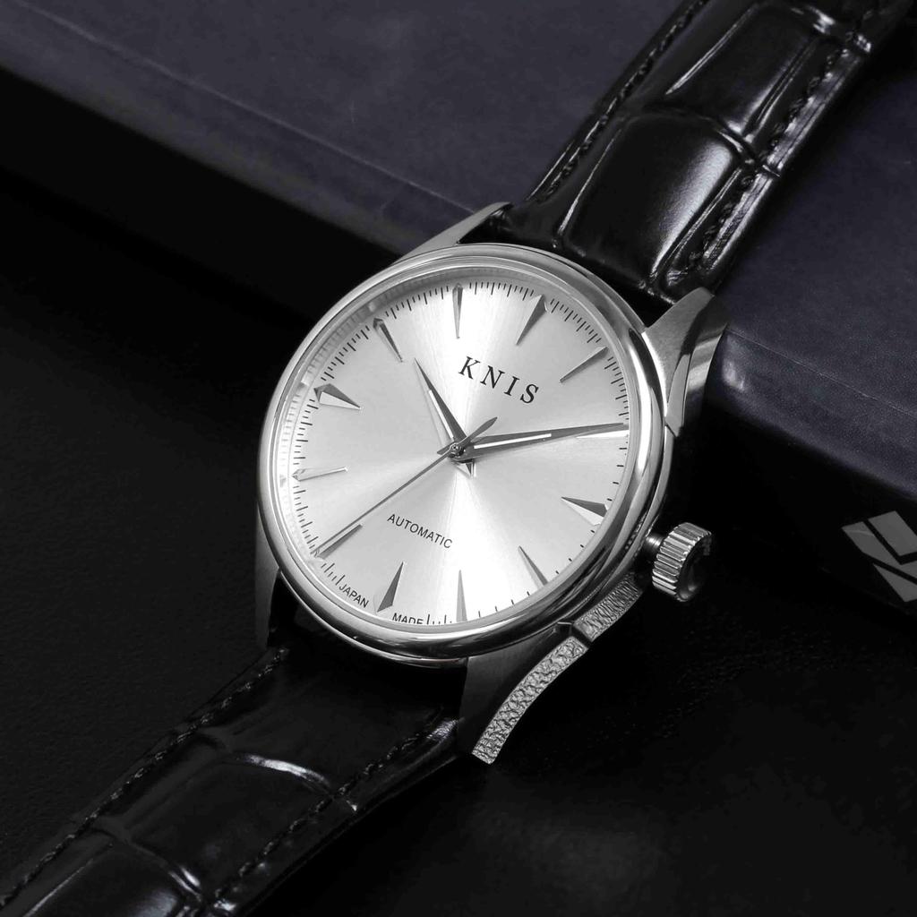 KNIS Automatic Made in Sapphire 10 ATM Water White Black Men's Watch, Japan, Crystal, Resistance, Silver, Leather, KN001-WHBKLE