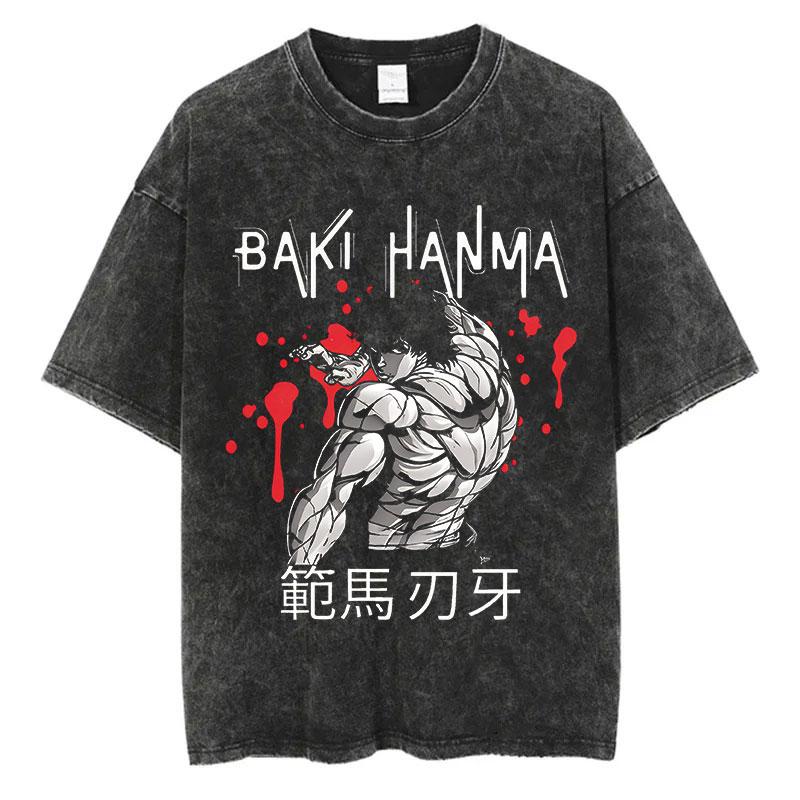 Anime Baki Washed Tshirt Harajuku Summer Cotton Short Sleeve Oversize Tees Vintage Streetwear Baki Hanma Print T-Shirt
