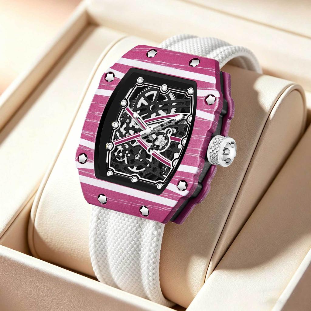 Orologio Tonneau di Alta Moda Montre Homme Et Femme Orologio da Polso 47mm Ampio Quadrante Scheletrato Cinturino in Nylon Rosa Pelle Orologio al Quarzo