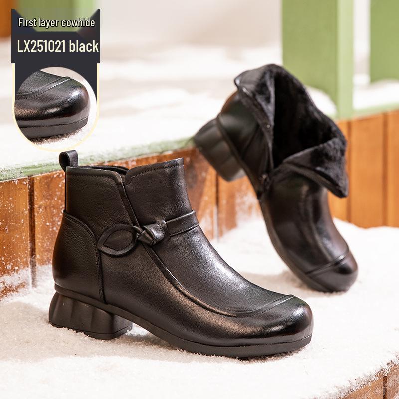 2025 Winter Etnische Geborduurde Handgemaakte Enkellaarzen met Retro Dikke Middelhoge Hak en Zachte Zool in Grote Maten