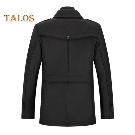 Men Woolen Coat Double Stand Collar Long Sleeve Single-Breasted Solid Color Jacket with Pockets Autumn Winter Mid-length Outwear