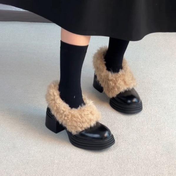 

Suding Home~ Пушистые туфли на высоком каблуке с круглым носком, ретро, на одной педали, флисовые, теплые, маленькие кожаные туфли, толстый каблук, туфли-лодочки Мэри Джейн 40 чёрный