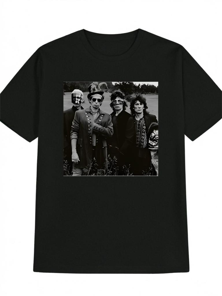 Casual Graphic T-shirt with Vintage Character Mask Print - Black Round Neck Summer Tee