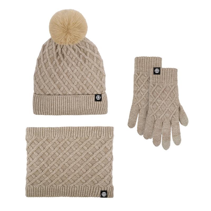 Winter warm hat, scarf, gloves three-piece set, plush outdoor hairball knitted hat, cold-proof scarf three-piece set