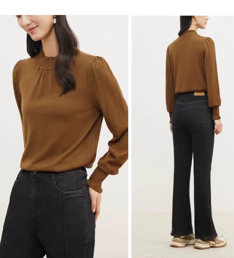 Elegant 2024 Autumn Women's Long Sleeve Wool Sweater - 100% Fine Wool Base Layer