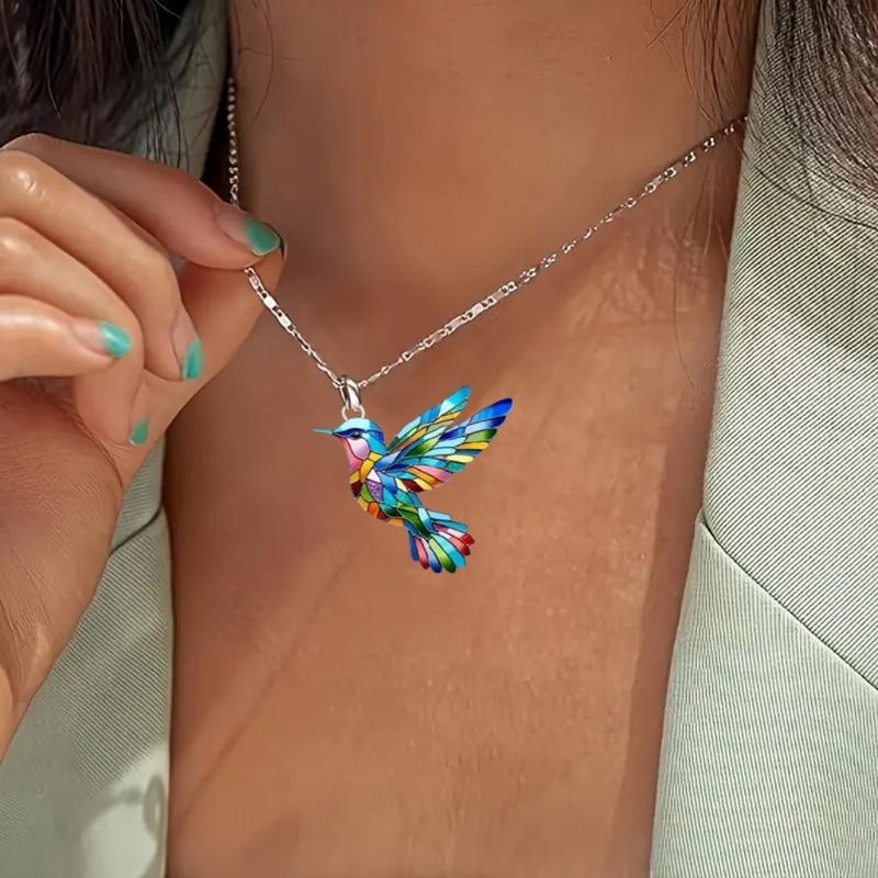 Colorful Hummingbird Necklace and Earrings Set Acrylic Pendant Jewelry for Women Gift for Mother Daughter Girlfriend
