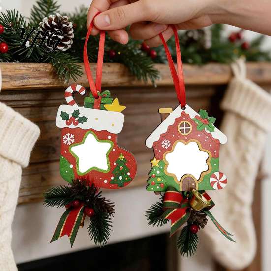 Festive Tree Pendants Wooden Christmas Ornaments, 2D Stocking House Shaped Photo Frame Hanging Personalized Frames Decor, Xmas Ornament for