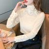 Women's Turtleneck Lace Patchwork Fuzzy Knit Top Elegant Slim Fit Winter Blouse Long-sleeved T-shirt Top