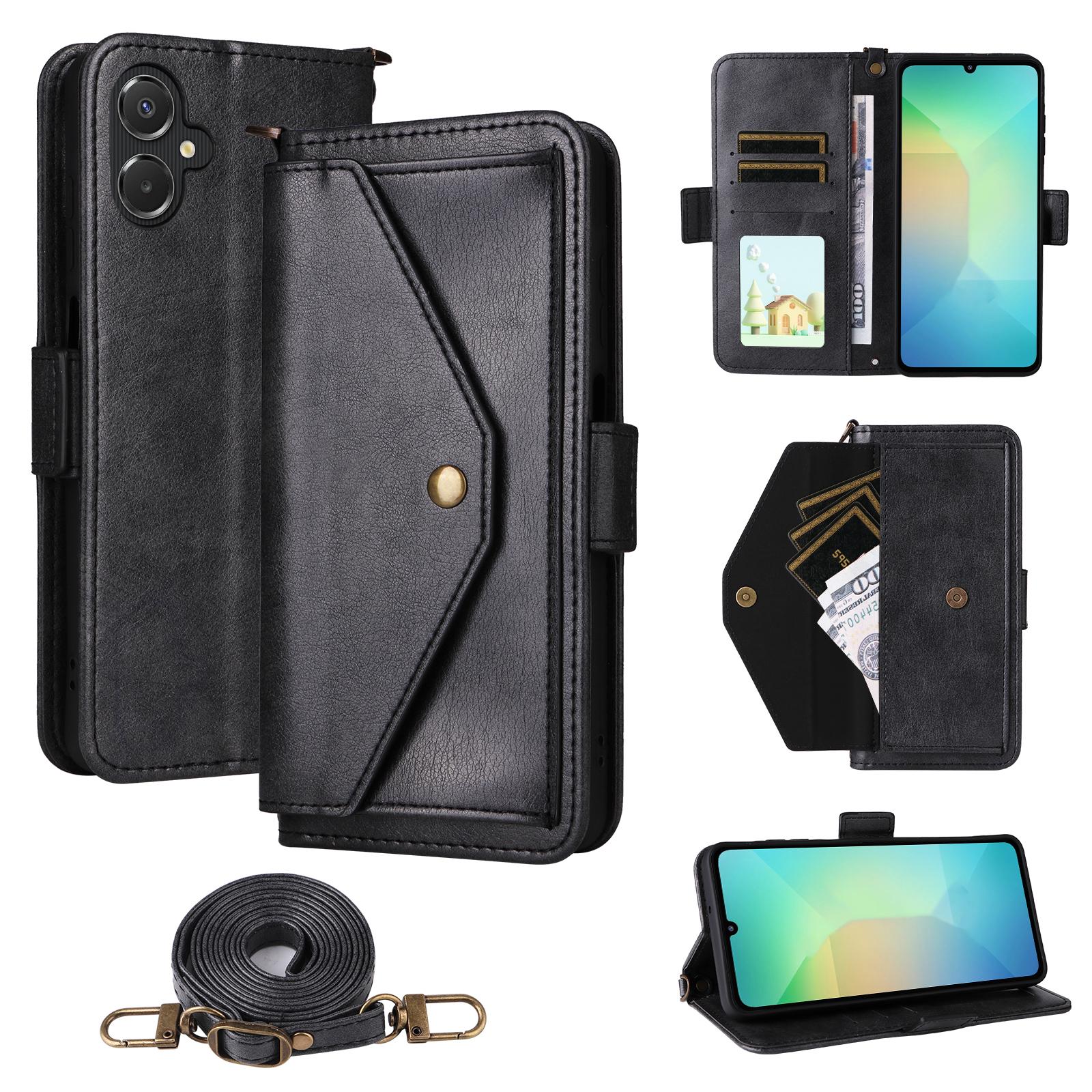 

For Samsung Galaxy A07 4G Leather Case Magnetic Closure Wallet Stand Phone Cover with Crossbody Strap Black
