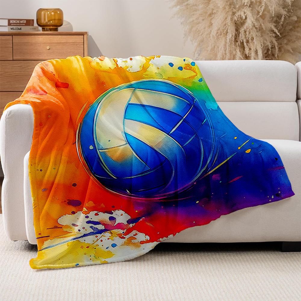 1pc Volleyball Print Fleece Blanket - Plush High-GSM All-Season Soft Bedspread with Turquoise Yellow Pink Blue Watercolor Volley