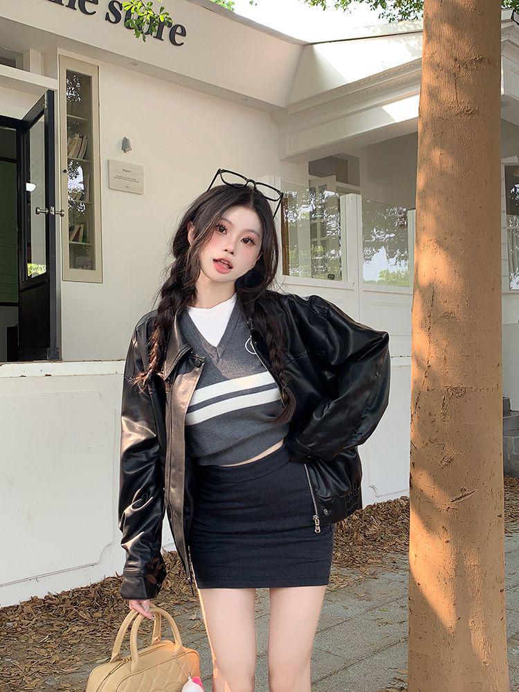 Women's High-End Retro PU Leather Coffee Jacket - Slimming, Windproof, Long Sleeve, Motorcycle Style.