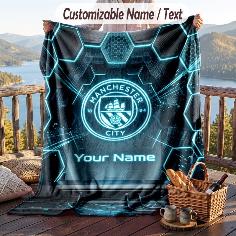 Flannel Blanket Manchester City Print Custom Name Text Soft Throw for Sofa Bed